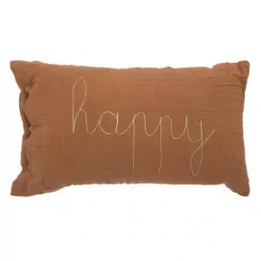 Cojín rectangular marrón con letras HAPPY