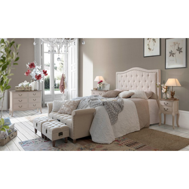 Cabecero romántico blanco tapizado con lino natural (+ medidas y
