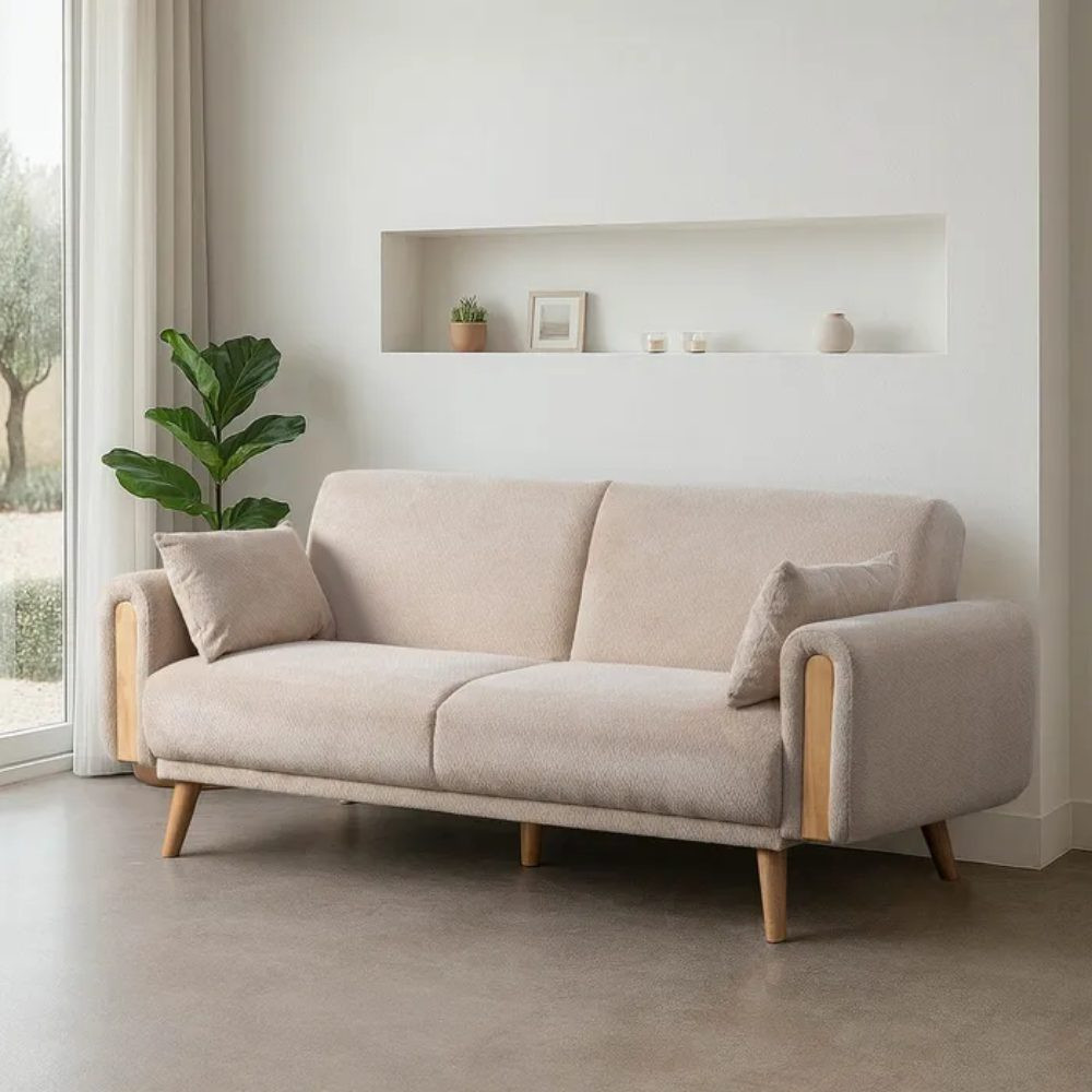 Sofá cama beige patas madera LINO