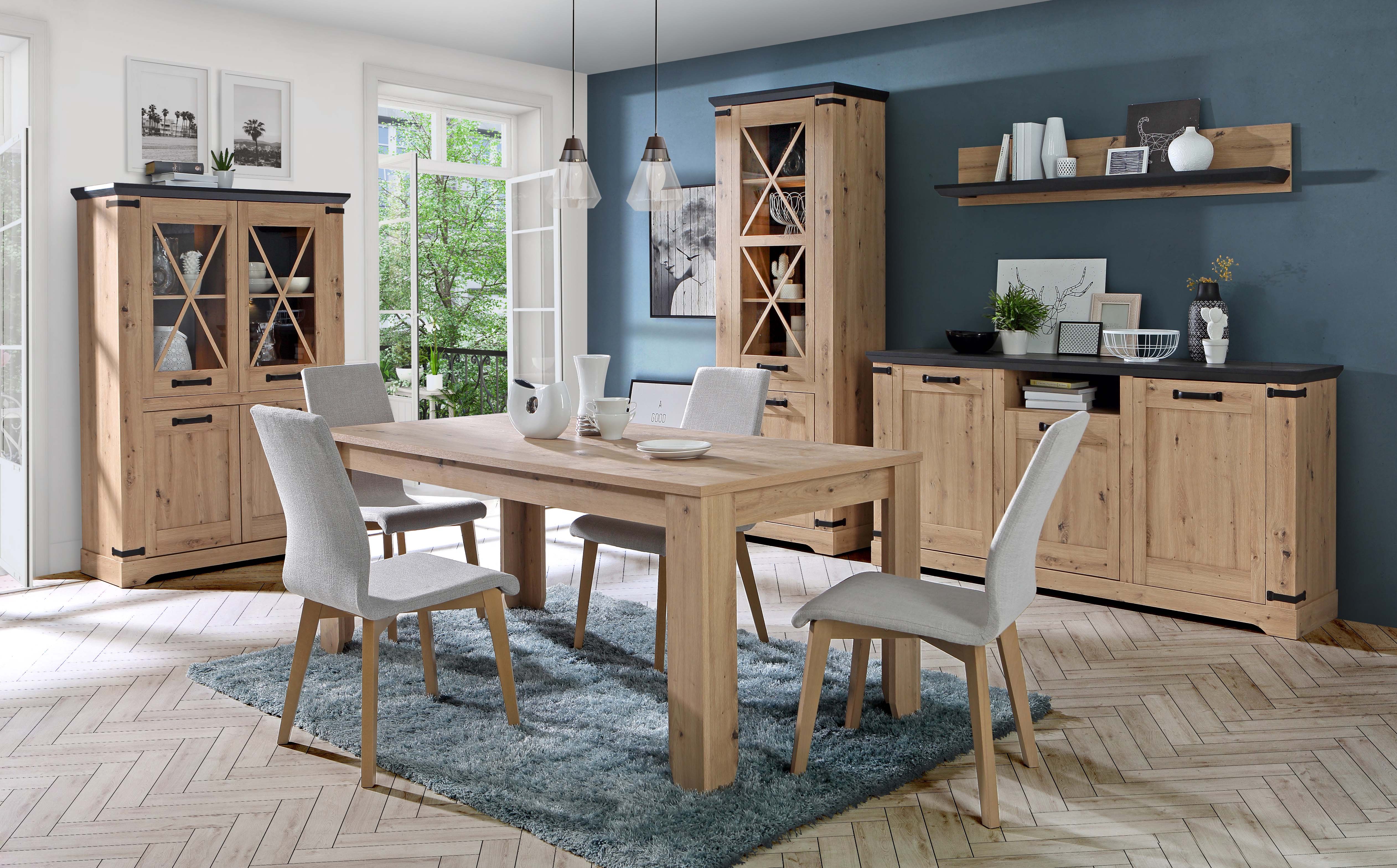 Mueble de comedor con vitrina + estanterías + mesa de centro en