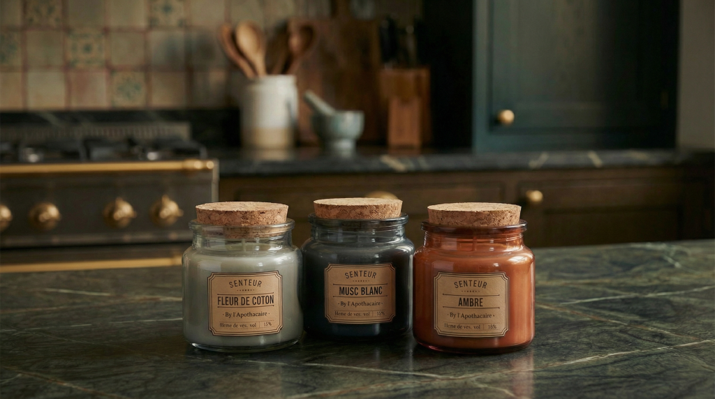 Tres velas de olores y colores diferentes sobre una isla de cocina eclectic