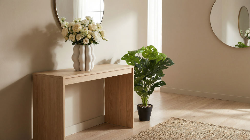 Recibidor moderno con el jarrón de cerámica impreso en 3D ROAN con Planta artificial ADÁN