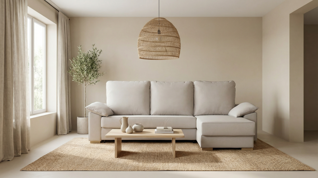 Salón de tonos neutros con el sofá chaise longue con dama Doria.