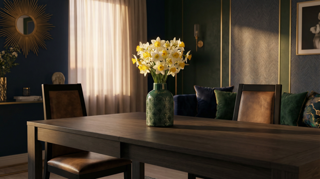 Jarrón de cerámica como florero en el centro de mesa de un comedor eclectic