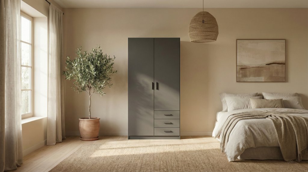 Dormitorio estilo essential con el armario 2 puertas batientes y 3 cajones SPACE