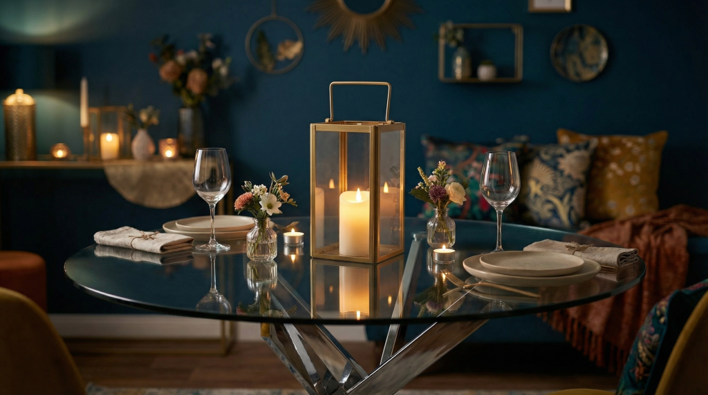 Elegante mesa de comedor con una vela como centro de mesa eclectic
