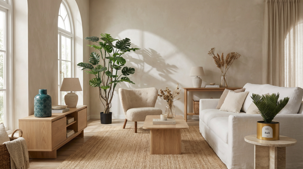 Salón acogedor estilo essential con planta Monstera LOMA, planta artificial OASIS y jarrón cerámica OREA.